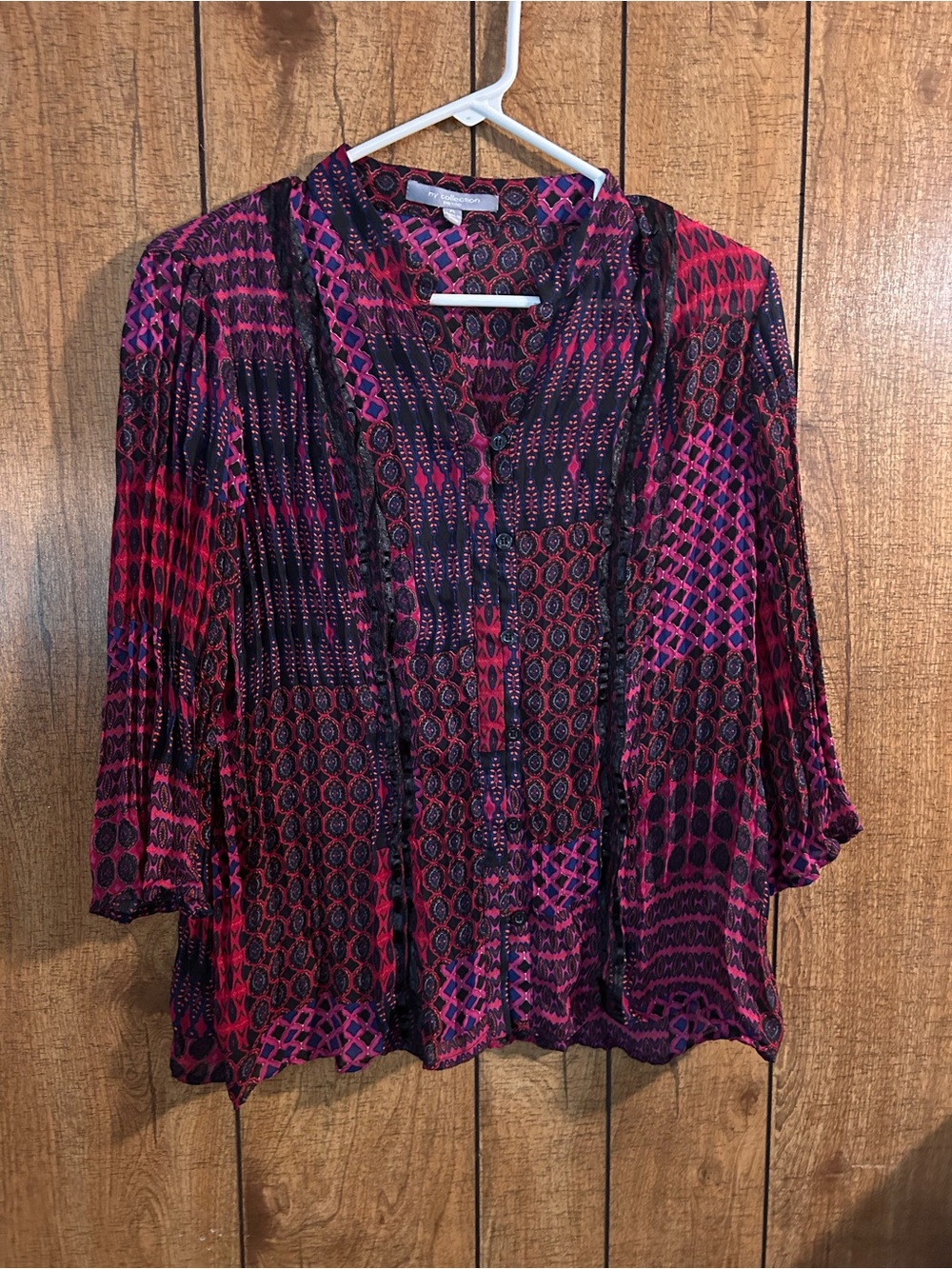 NY Collection Pink & Black Printed Button-Up Blouse